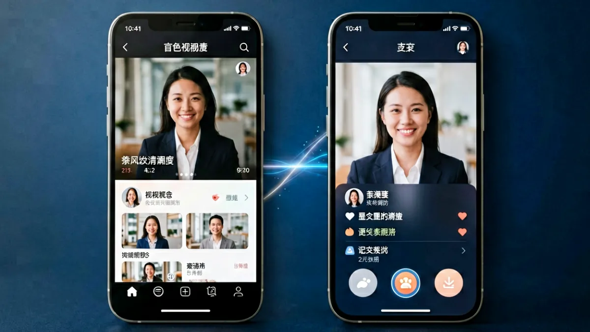 抖抈探探平台全景示意图，展示短视频信息流与社交互动界面的整体布局