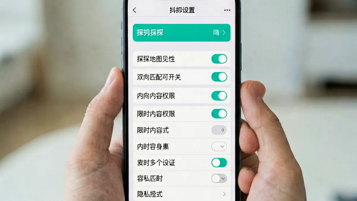 抖抈探探隐私设置面板，包含探探地图可见性和双向匹配权限的详细配置选项