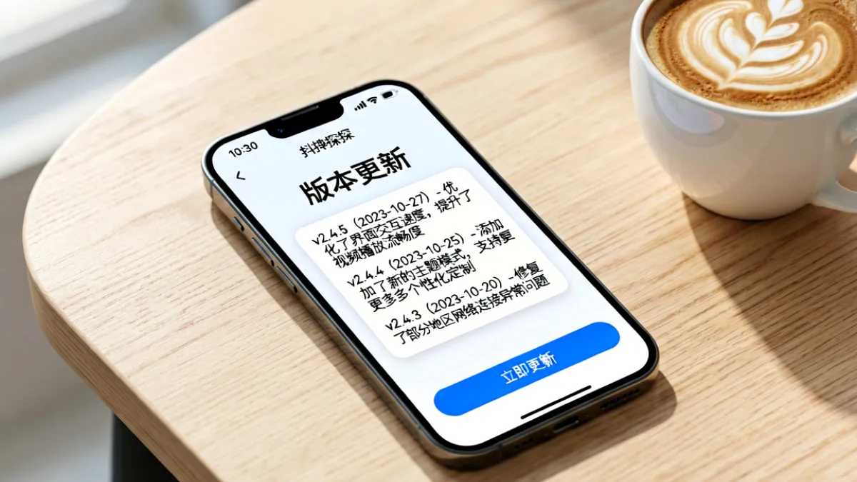 抖抈探探最新动态页面首屏配图，展示平台公告滚动屏与手机端版本更新提示界面