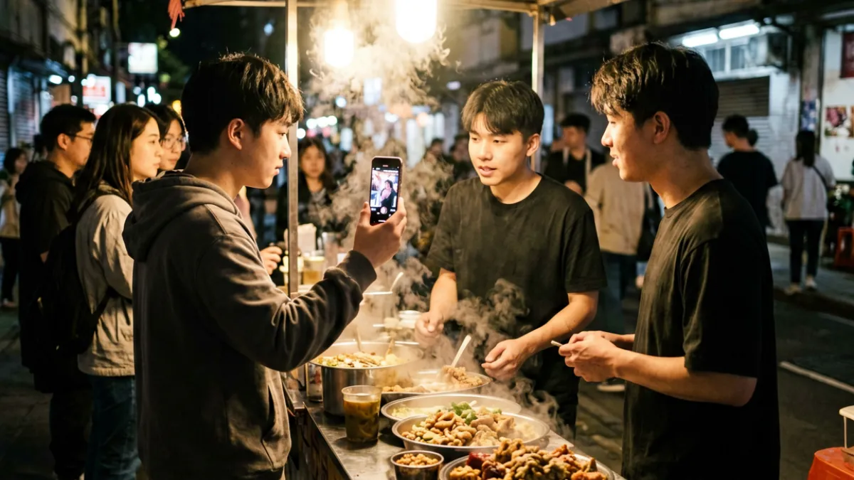 抖抈探探平台夜食局达人团队在深夜街边摊前录制探店视频的真实场景