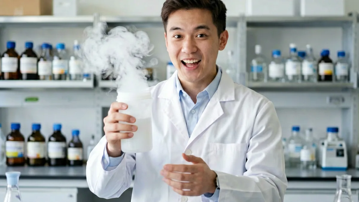 抖抈探探平台科普博主粒子狂人在实验室对着镜头演示液氮实验的生动画面