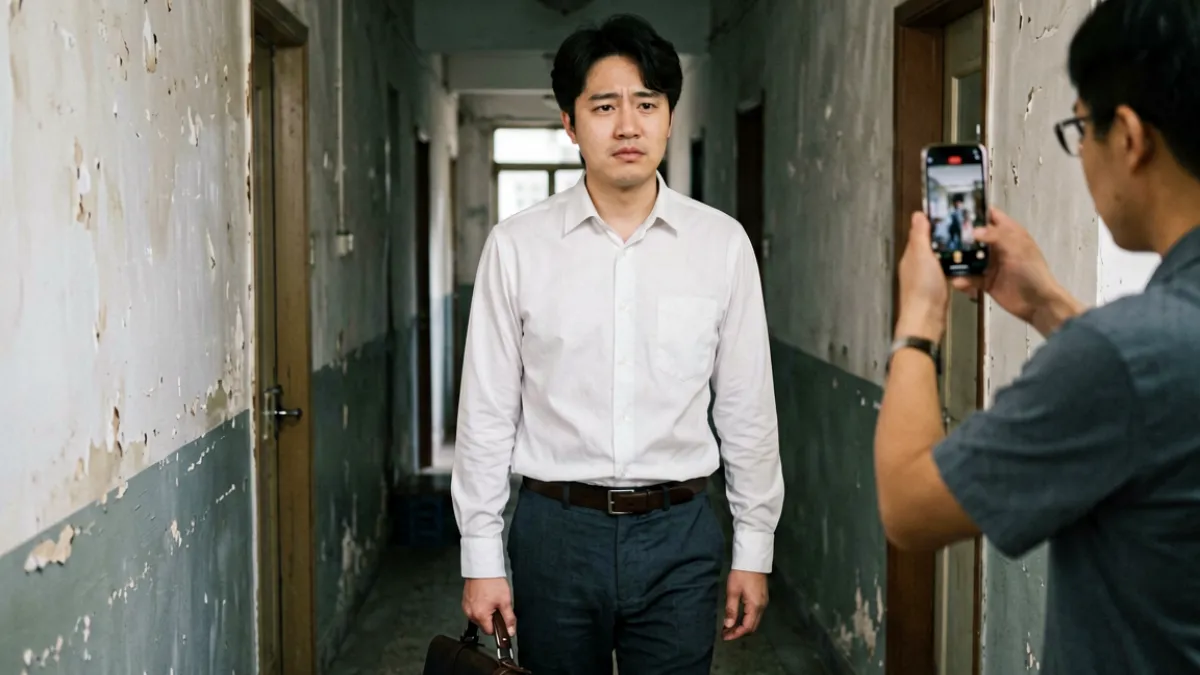 抖抈探探平台热播剧情短片隔壁的李先生拍摄现场，演员在老旧居民楼走廊实景拍摄的镜头
